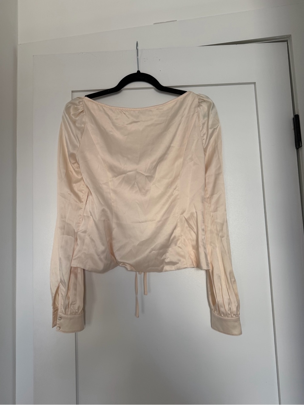 MAJORELLE Satin Ruched Tie-Front Long Sleeve Top — Cream - Picture 2 of 2